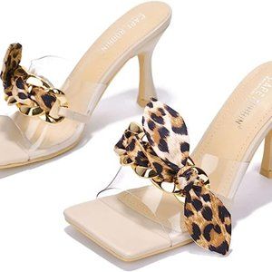 Cape Robbins - Nude, Concur Transparent Square Open toe Heel w/gold link & bow 8